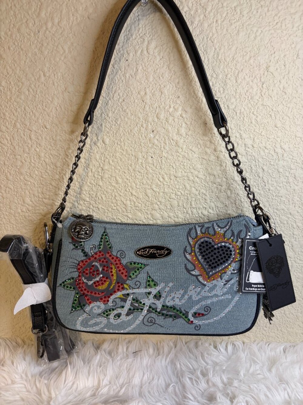 Ed Hardy Denim Rhinestone Rose Heart Shoulder Crossbody Bag Y2K NWT